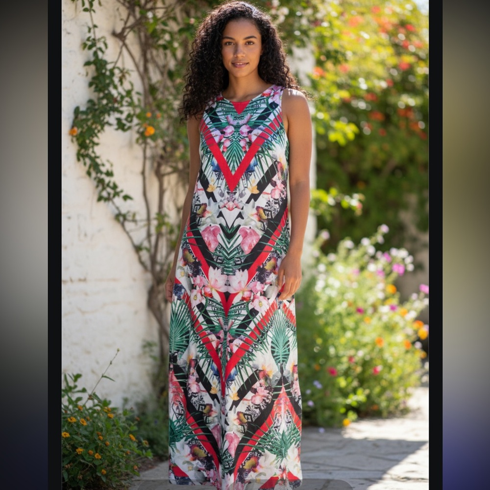 GIBSON LATIMER MAXI DRESS SLEEVELESS TROPICAL LINED WOMEN SIZE SMALL. BEAUTIFUL